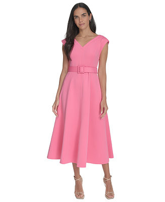 Calvin Klein Women's V-Neck Belted A-Line Scuba Dress - Macy's | Macy's