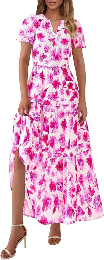 PRETTYGARDEN Women's 2025 Summer Boho Maxi Dresses Floral Short Sleeve V Neck A Line Tiered Flowy... | Amazon (US)