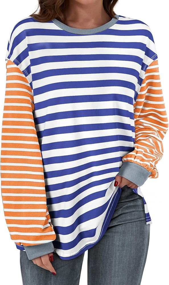 BLENCOT Women's Oversized Patchwork T Shirts Fall Long Sleeve Striped Color Block Loose Fit Pullo... | Amazon (US)
