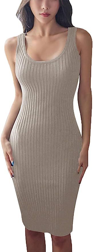 FAIMILORY Women's Basic Ribbed Sundress Stretchy Bodycon Casual Midi Tank Dress | Amazon (US)