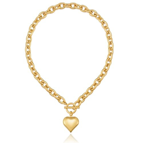 Osildde Retro Heart Charm Necklace, Chunky Thick Chain Necklaces with Puffy Heart Pendant, Gift for Women | Amazon (US)