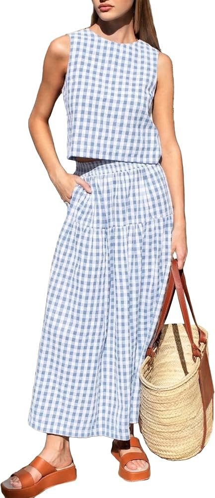 Womens Gingham Two Piece Set Sleeveless Top High Waist Skirt Set | Amazon (US)