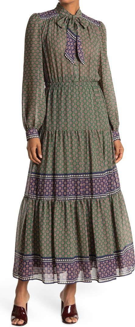 Printed Tie Neck Tiered Midi Dress | Fall Dress | Thanksgiving | Nordstrom Rack