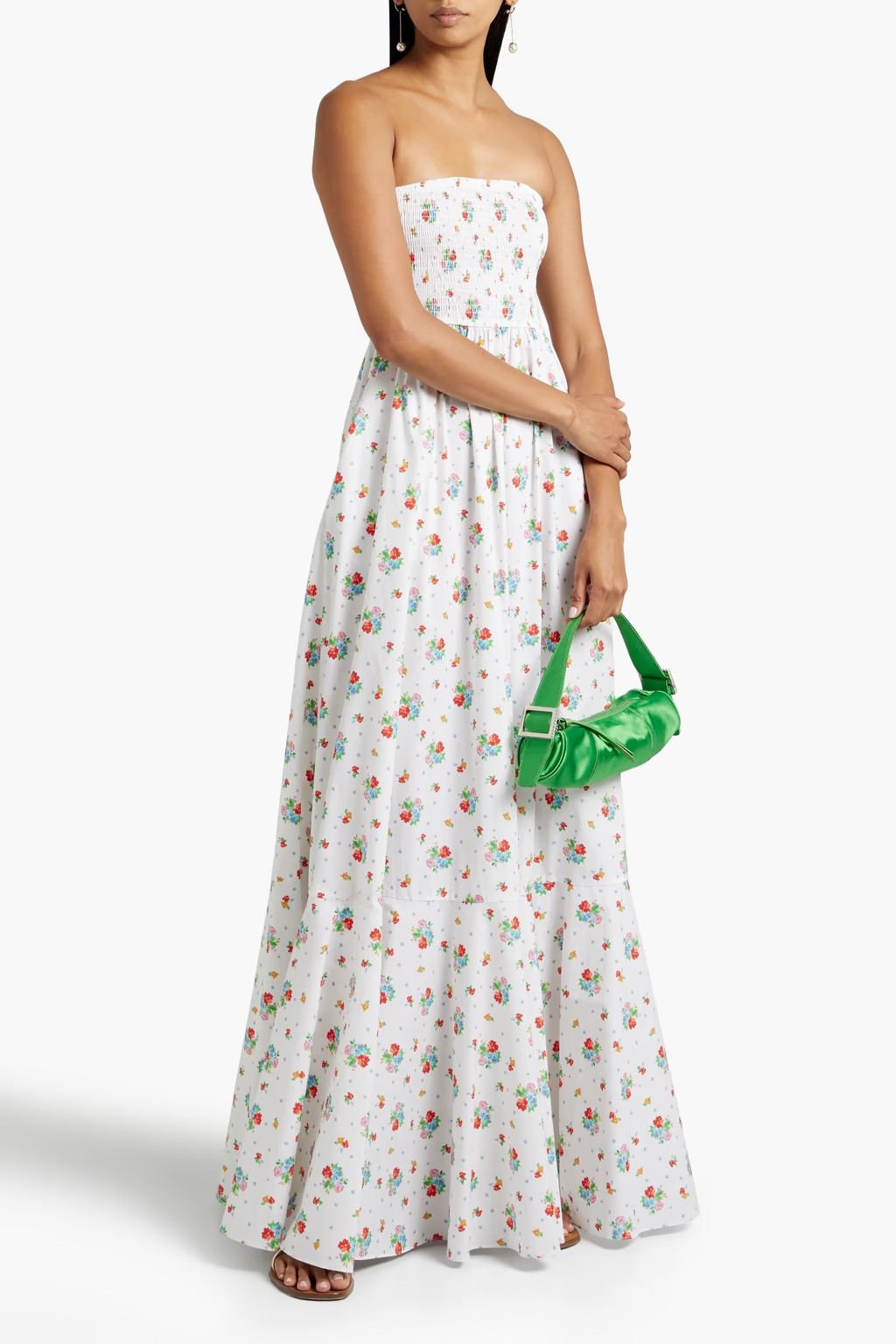 White Haisley shirred floral-print cotton-blend poplin maxi dress | CAROLINE CONSTAS | THE OUTNET | The Outnet (US and CA)