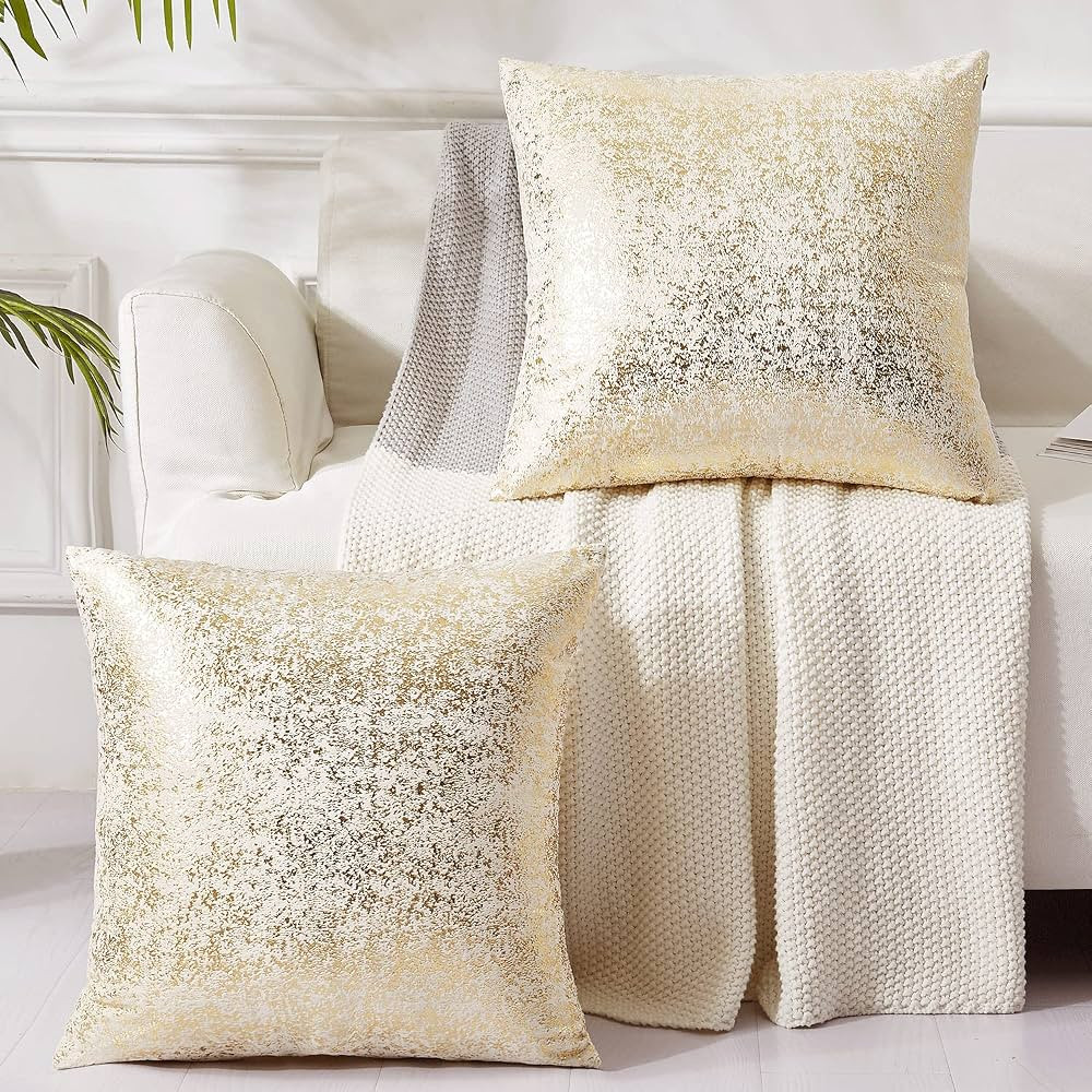 EUCIOR Champagne Throw Pillows 18x18,Gold and White Pillow Covers,Set of 2,Glitter Decorative Vel... | Amazon (US)