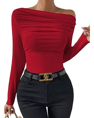 LOLONG Womens Long Sleeve Boat Neck Off Shoulder Ruched Shirts Spring 2025 Ribbed Casual Tops Goi... | Amazon (US)