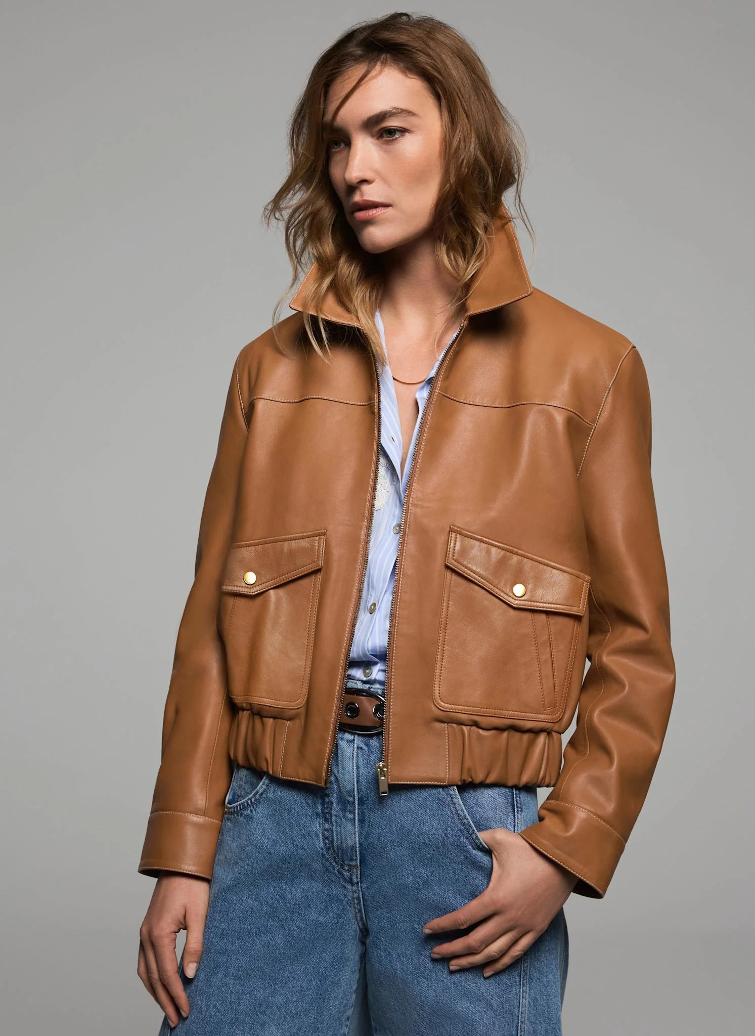 Tan Leather Collared Bomber Jacket | Mint Velvet