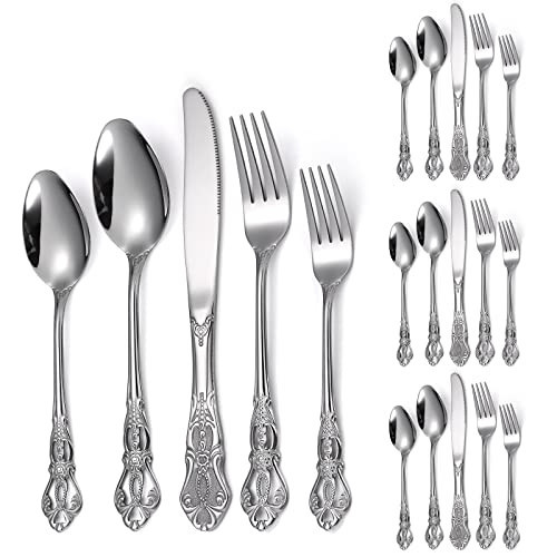 A · HOUSEWARE Retro Royal Silverware Silver Flatware Set for 4 Stainless Stainless Forks Spoons Knives 20 Pieces Retro Kitchen Utensils Restaurant Home and Festival Parties Durable | Amazon (US)