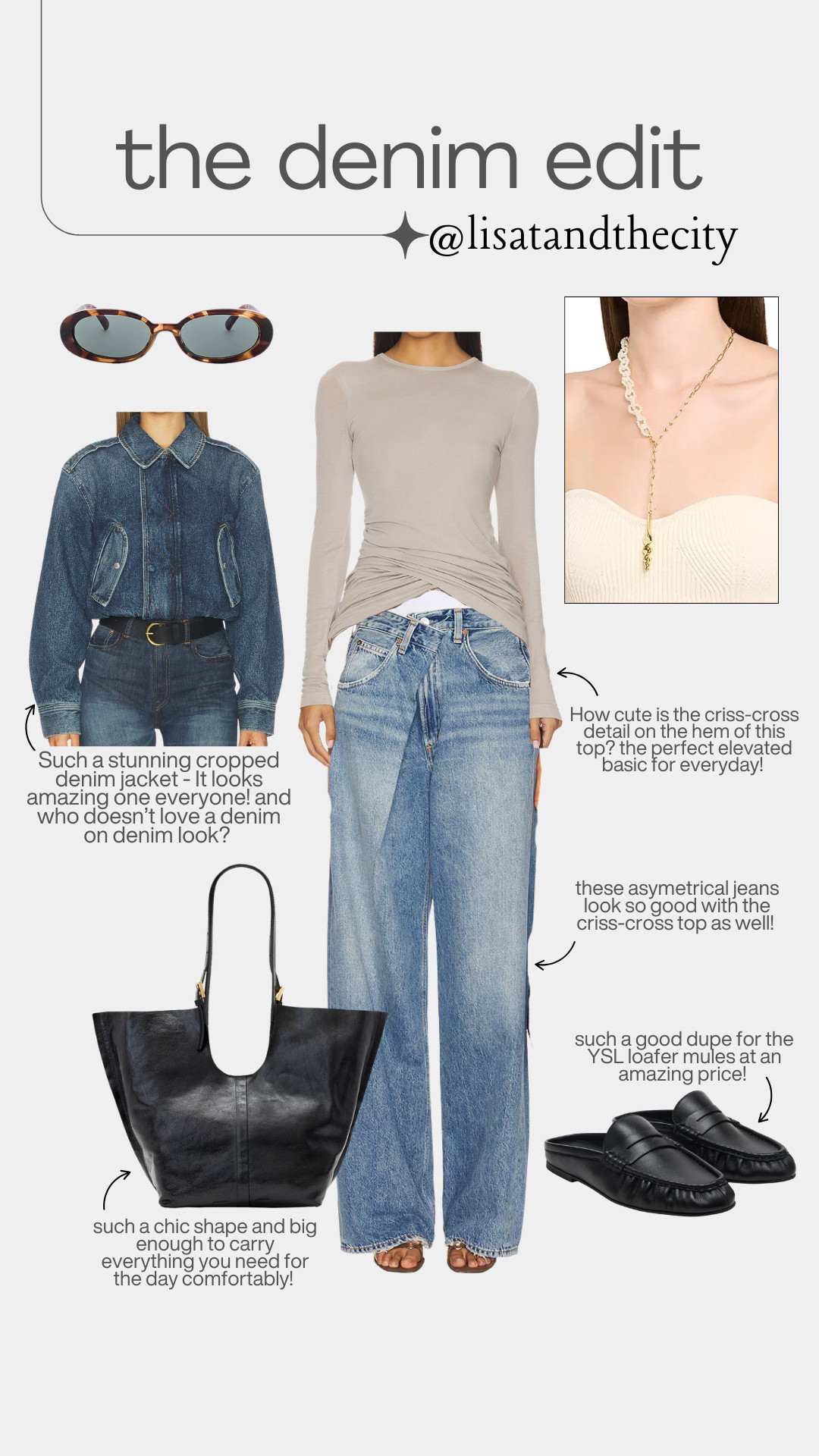 The denim edit you’ll wear on repeat 👖✨ I’m loving this elevated denim-on-denim look featuring a cropped denim jacket, asymmetrical wide-leg jeans, an effortless criss-cross hem top, chic oversized tote, and designer-inspired loafer mules for a polished everyday outfit. If you’re searching for capsule wardrobe staples, modern denim outfits, casual chic style, or affordable designer dupes, everything is linked on my LTK for easy shopping. #DenimEdit #DenimOnDenim #WideLegJeans #EverydayOutfit #CapsuleWardrobe #EffortlessStyle #LTKStyle #LTKFinds #Lisatandthecity 

 

#LTKootd #LTKOver40 #LTKSaleAlert