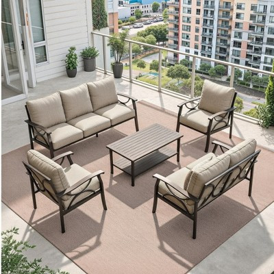 5-Piece Metal Patio Furniture Set, 7-Seat All-Weather Conversation Sofa with Thick Beige Cushions, Khaki Frame, Coffee Table | Target
