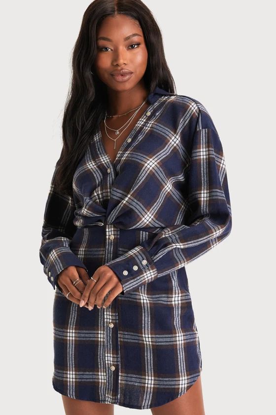 Casually Adored Navy Blue and White Plaid Long Sleeve Mini Dress | Lulus (US)