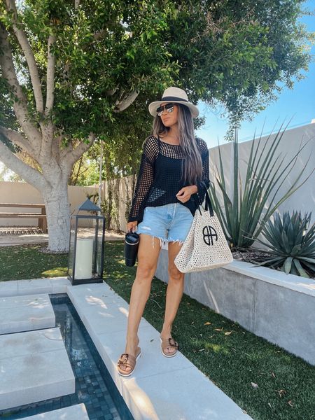 What I wore this weekend…pool day
One piece swimsuit sz 6 
Crochet top one size 
Denim shorts sz 27
Comfy sandals tts
Hat folds up in suitcase with no creasing..best for travel 
#ltktravel
Anine Bing beach bag 


#LTKSwim #LTKSeasonal #LTKStyleTip