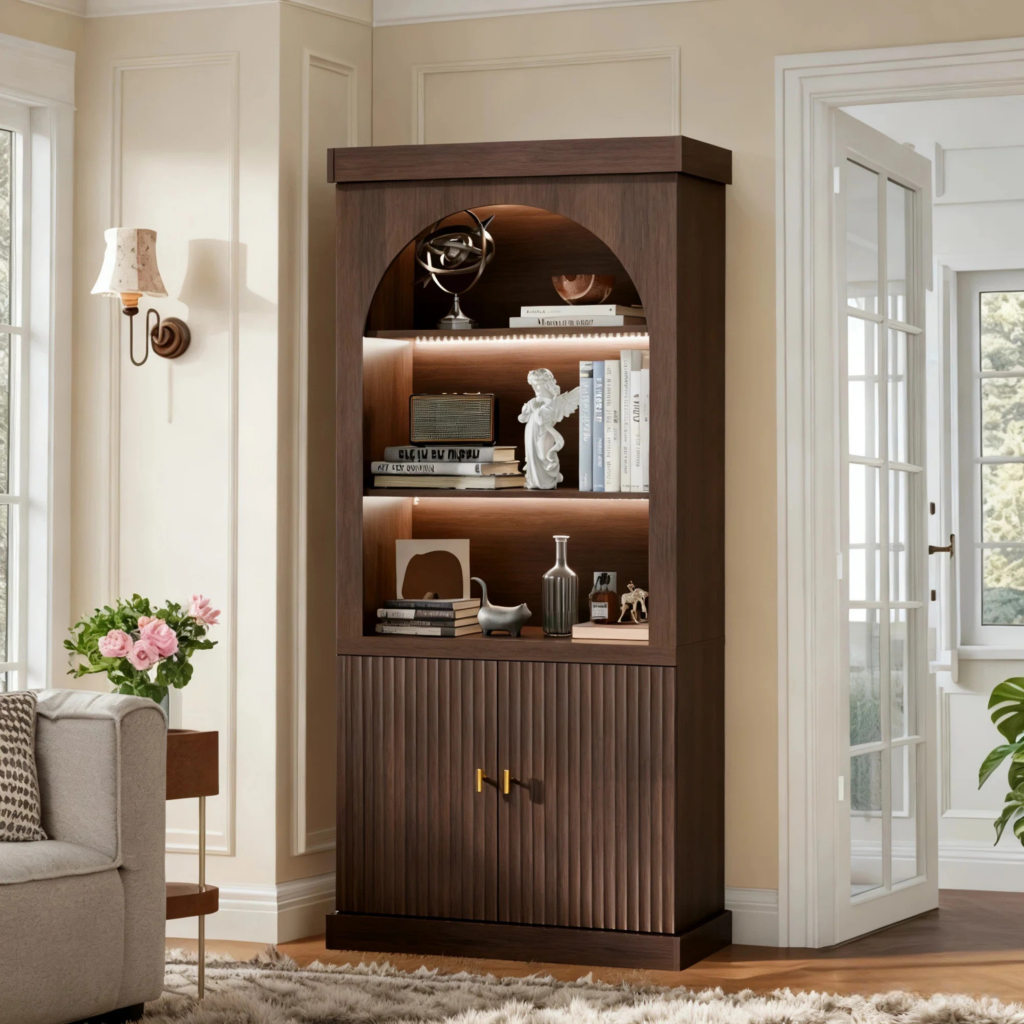 Wooden Storage Cabinet With Arched Design, Display Cabinet With LED Lighting, Large Capacity & Wa... | Wayfair North America