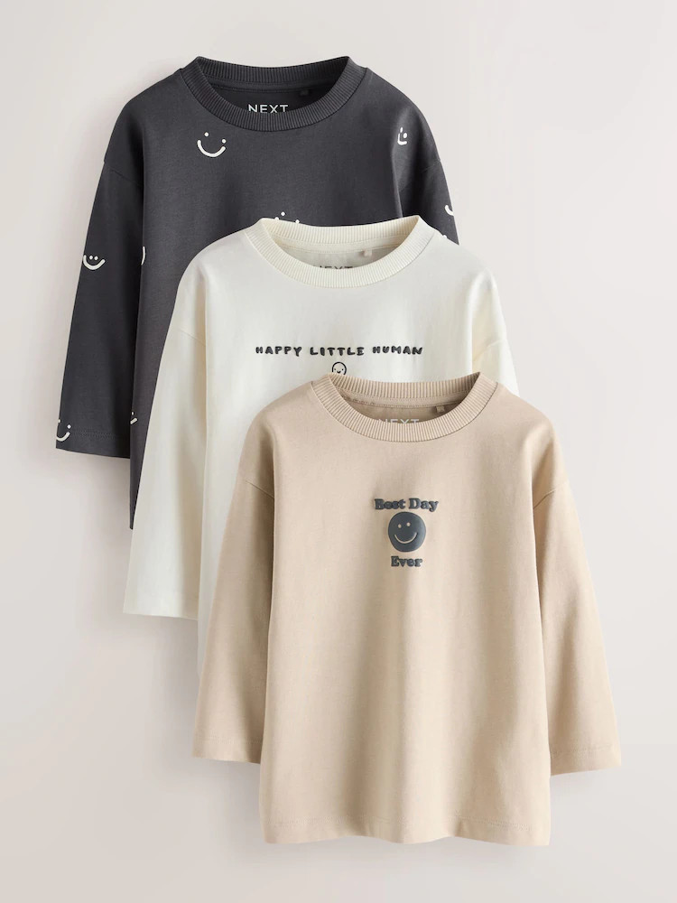 Monochrome Smile Face Long Sleeve Graphic T-Shirts 3 Pack (3mths-7yrs) | Next US