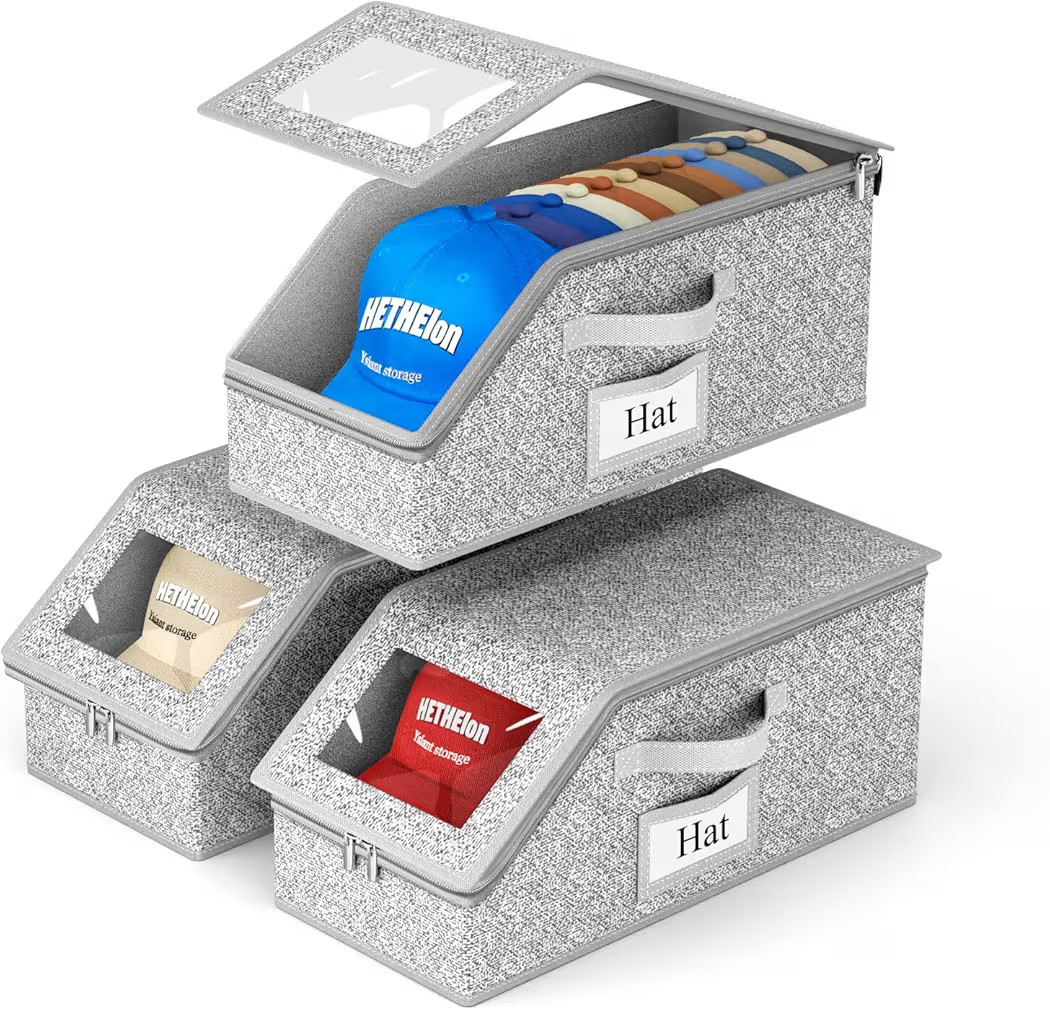 Soarine 3 PCS Stackable Hat Storage, Hold Up to 36 Caps Hat Organizer for Baseball Caps, Clear Hat Boxes for Men with Cardboard, Grey | Amazon (US)