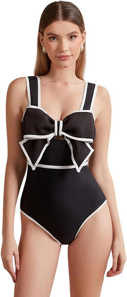 FLAXMAKER Black and White Swimsuit Bow-tie Decor One Piece Bathing Suit at Amazon Women’s Cloth... | Amazon (US)