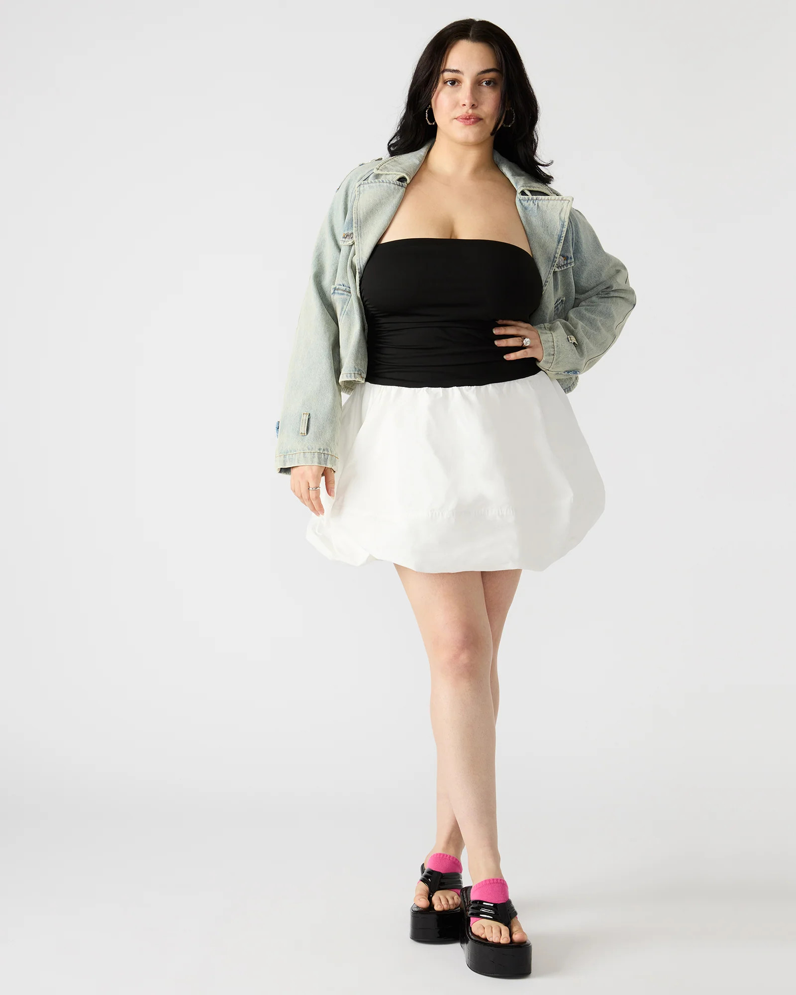 AMARI Black/White Women's Strapless Mini Bubble-Hem Dress | Steve Madden (US)