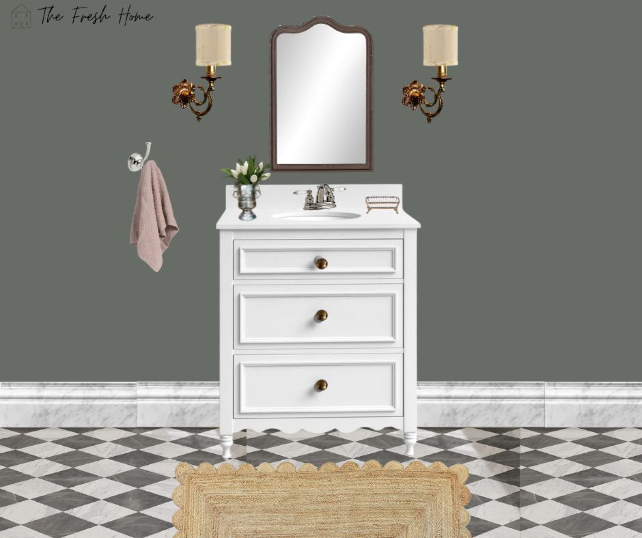 Modern vintage powder room. 
E-design #powderroom #bathroom
Wall color: Intrigue, Ben Moore 

#LTKhome #LTKstyletip