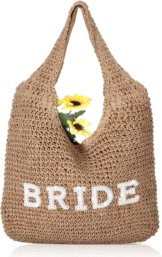 Bride Boho Straw Handwoven Bag Rhinestone Letter Patches Tote Bag Beach Shoulder Bag Bridal Showe... | Amazon (US)