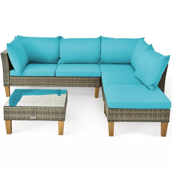 Costway 4PCS Patio Rattan Furniture Set Cushioned Loveseat w/Glass Side Table Turquoise | Target