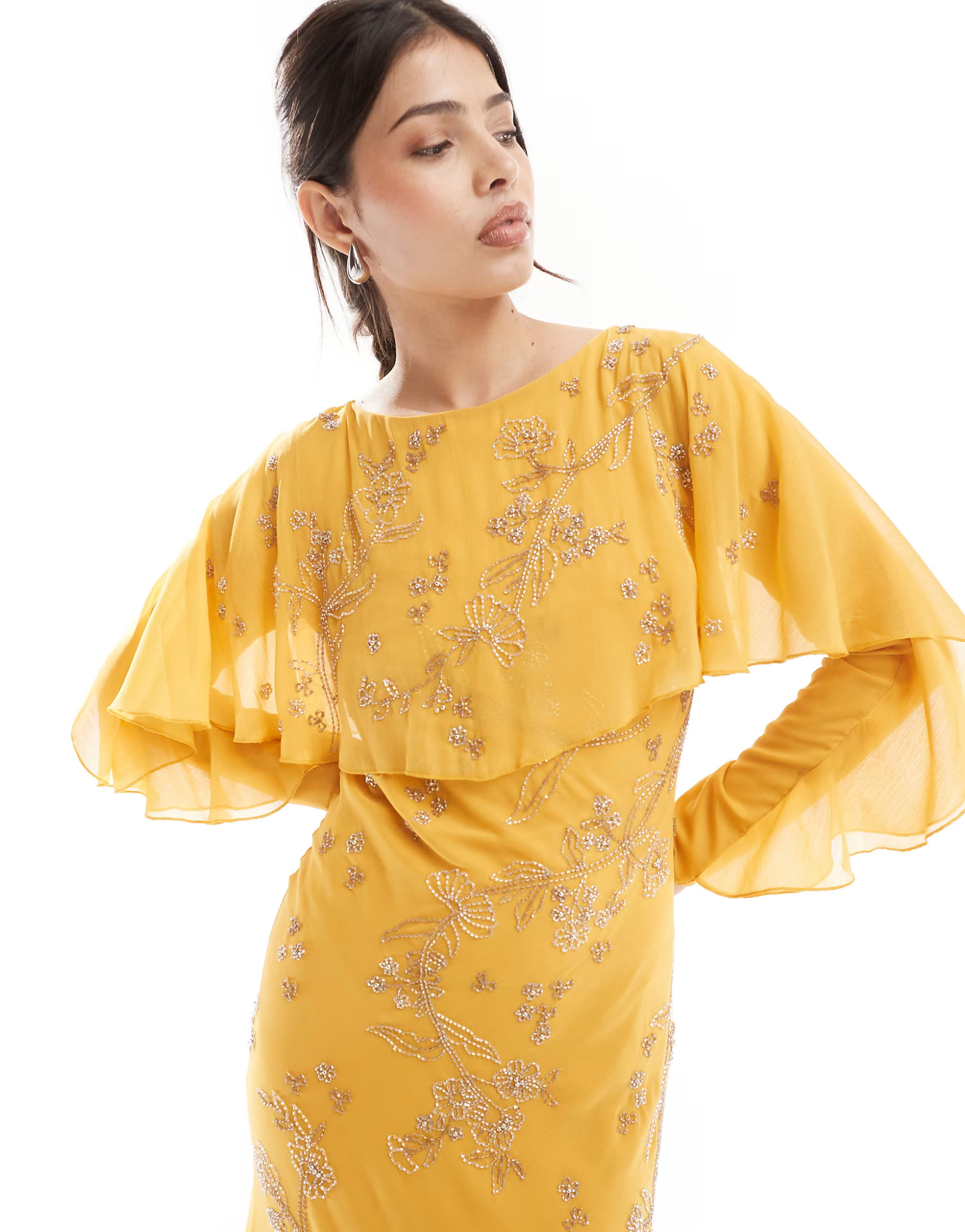 ASOS DESIGN Modesty embellished long sleeve ruffle bias maxi dress with cape detail in mustard | ASOS (Global)