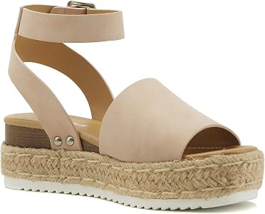 Soda Topic Open Toe Buckle Ankle Strap Espadrilles Flatform Wedge Casual Sandal | Amazon (US)