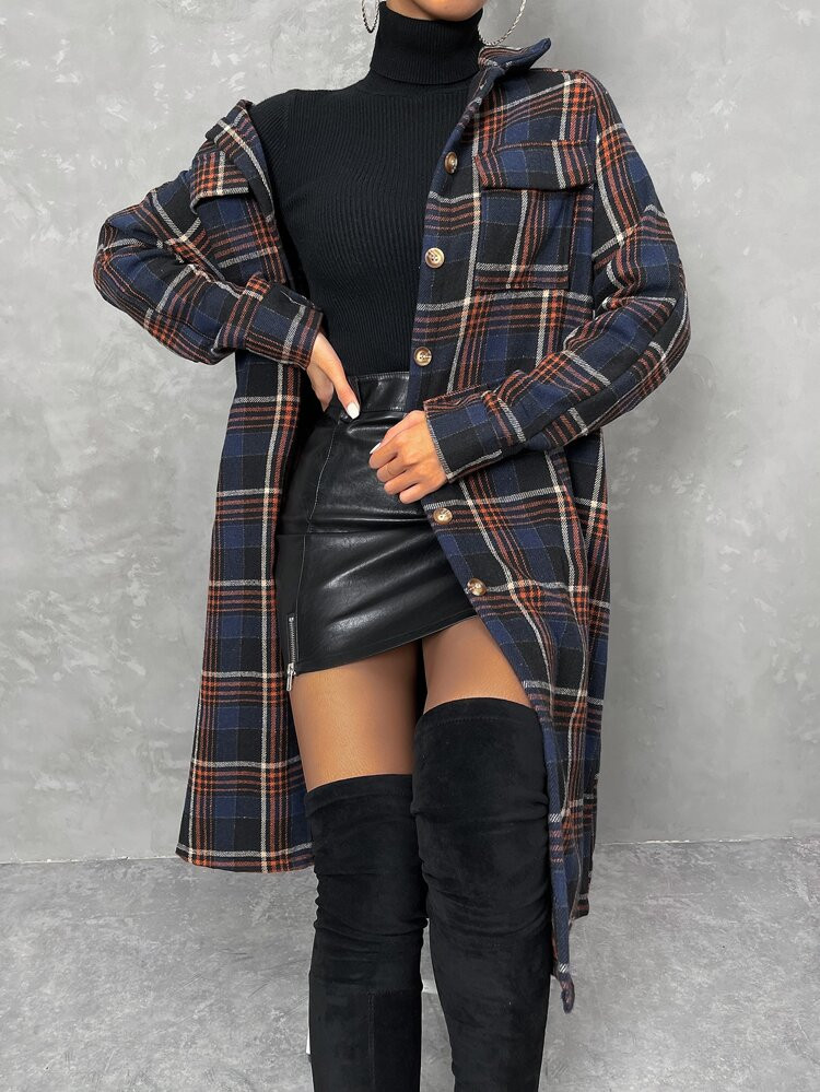 Plaid Print Flap Pocket Drop Shoulder Coat | SHEIN