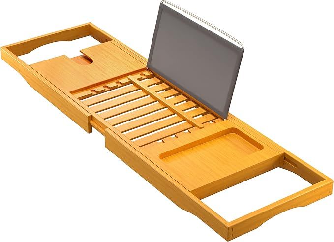 Bamboo Bathtub Tray Caddy - Expandable Bath Tub Tray - Adjustable Organizer Tray for Bathroom - L... | Amazon (US)