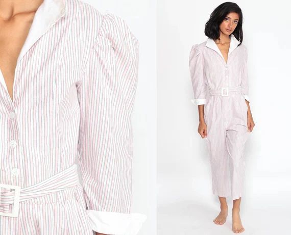 80s Jumpsuit Puff Sleeve Jumpsuit Pink Striped Jumpsuit Cotton Button Up Onesie Pantsuit Vintage ... | Etsy (US)