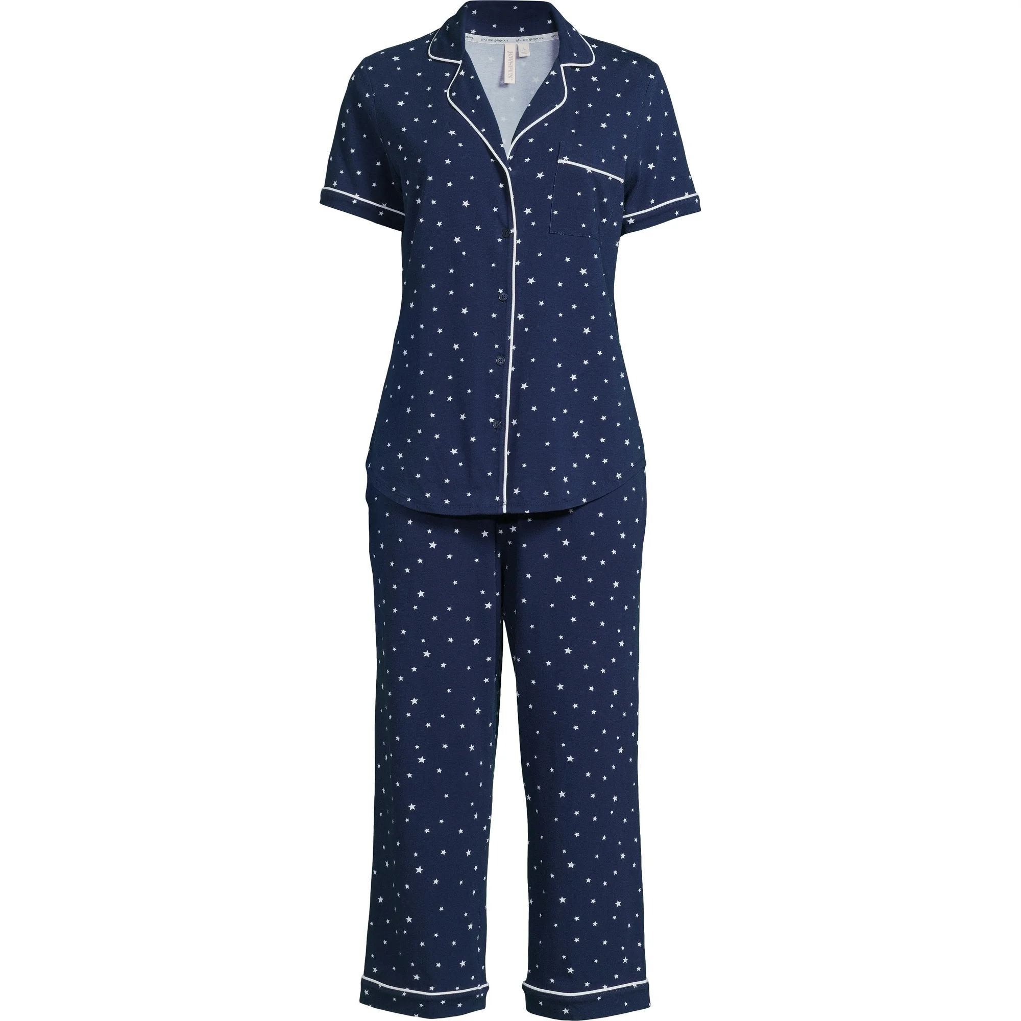 Joyspun Women's Cotton Blend Notch Collar Top and Capri Pants Pajama Set, 2-Piece, Sizes S to 4X | Walmart (US)