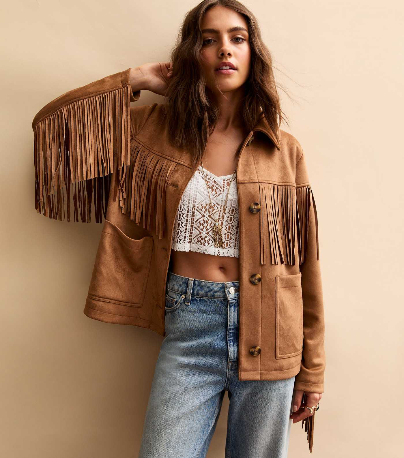 Tan Fringe Trimmed Faux Suede Jacket | New Look | New Look (UK)