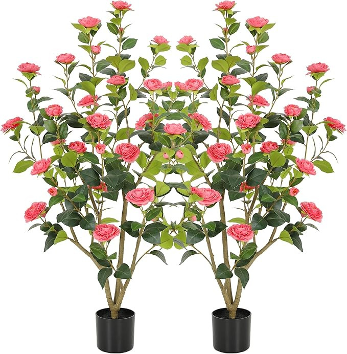 4FT Lush Artificial Pink Camellia Tree Outdoor 2 Pack, 48inch Faux Camellia Plant, Fake Camellia ... | Amazon (US)