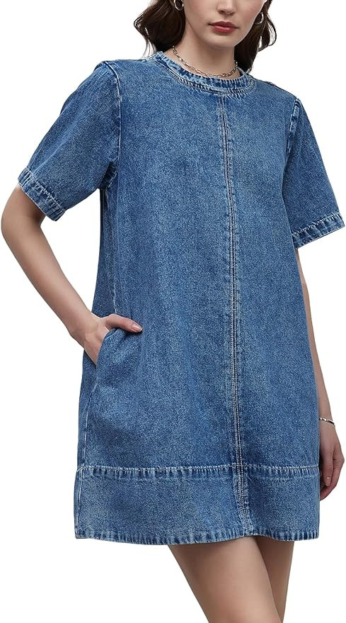 LifeShe Denim Dress for Women Summer Casual Short Sleeve Chambray Mini Jean Dresses with Pockets | Amazon (US)