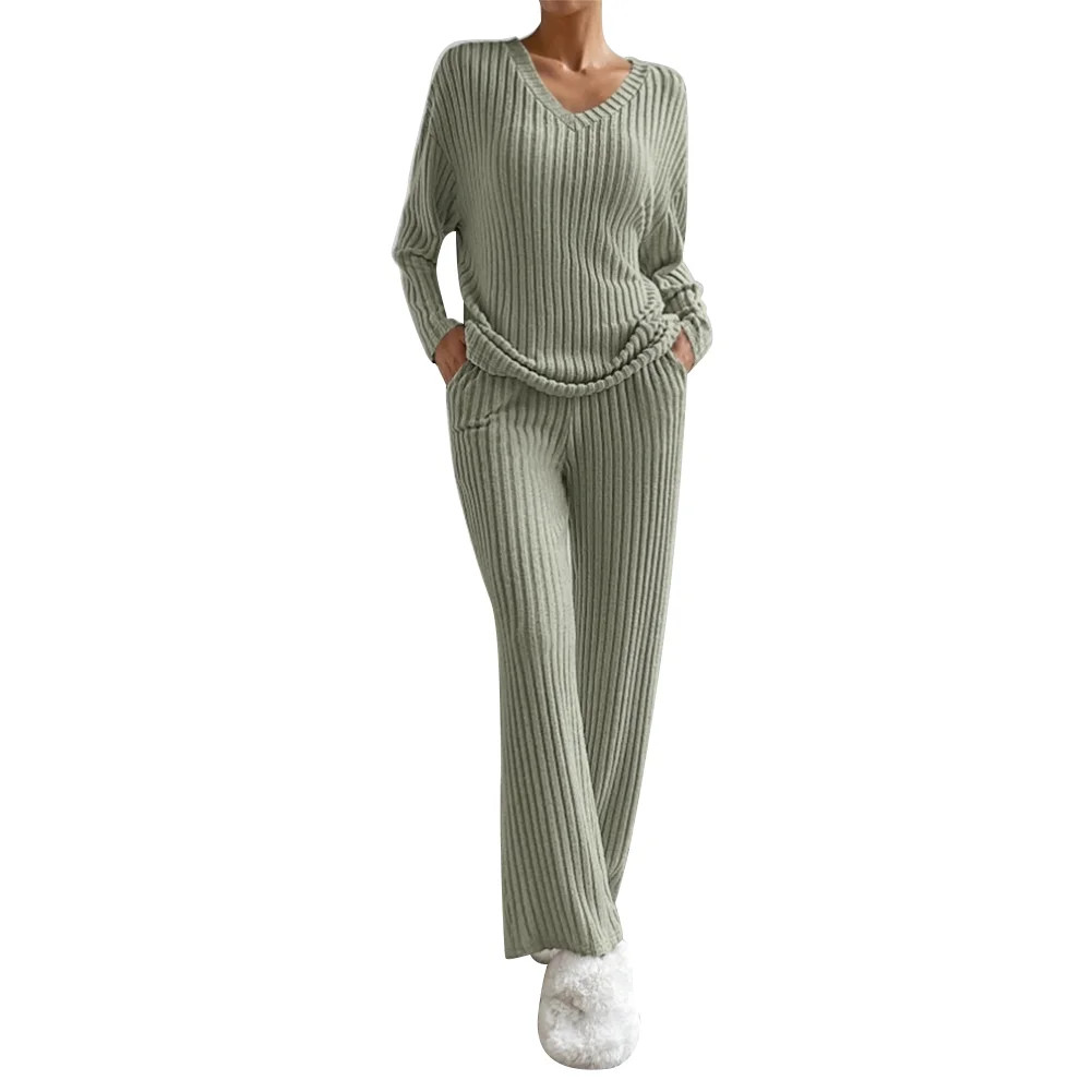FYMNSI Womens Pajama Sets Long Sleeve Pjs Lounge 2 Piece Outfit Ribbed Knit V Neck Sleepwear with... | Walmart (US)