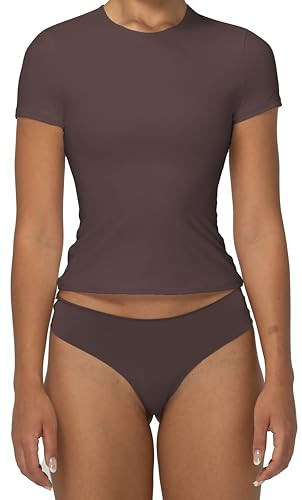 Sunzel Short Sleeve Shirts for Women Slim Fit Double Lined T Shirt with Crew Neck Basic Summer Tops for Workout & Casual, Seal Brown, Large | Amazon (US)