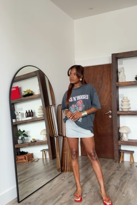 Asos, Topshop, Ego, summer outfit, holiday outfit, casual outfit, oversized t-shirt, graphic tee, mini skirt, denim skirt, kitten heels, red sandals, summer outfits, holiday outfits, casual outfits 

#LTKsummer #LTKstyletip #LTKeurope