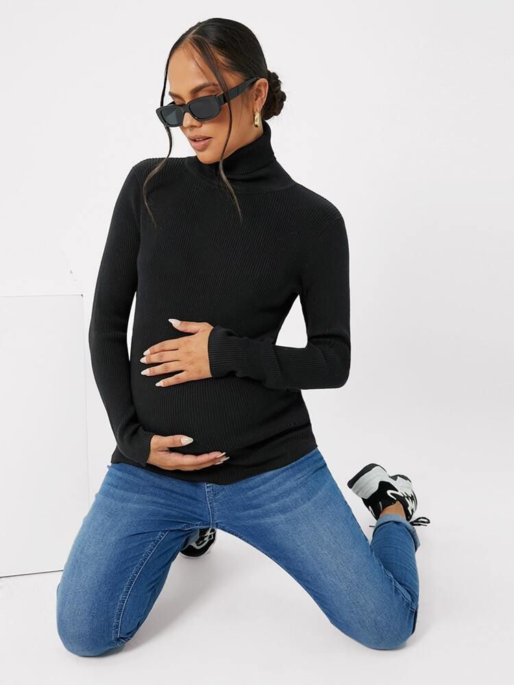 SHEIN Maternity High Neck Ribbed Knit Solid Sweater | SHEIN