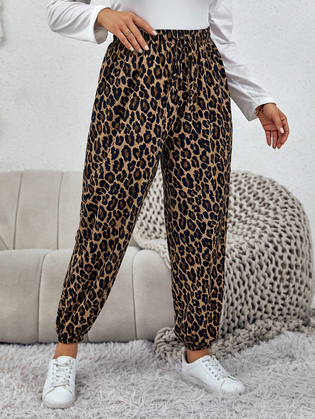 SHEIN LUNE Plus Leopard Print Drawstring Waist Pants | SHEIN USA | SHEIN