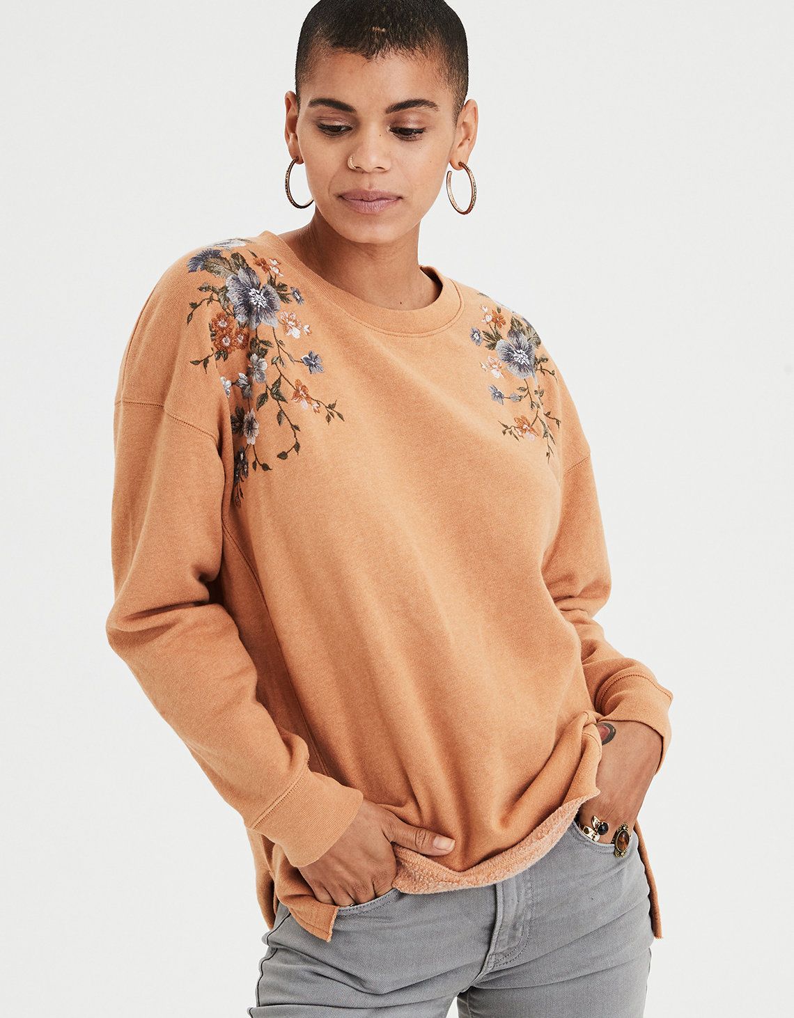 AE Ahh-mazingly Soft Oversized Embroidered Crew, Mustard | American Eagle Outfitters (US & CA)
