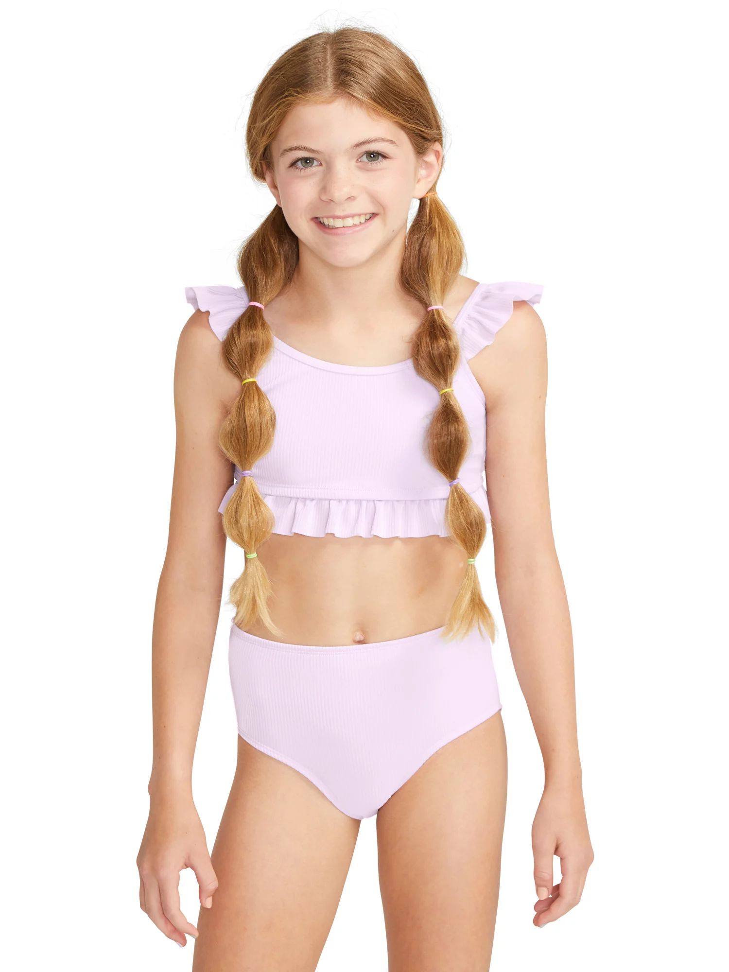 Justice Girls 2 Piece Recycled Poly Rib Ruffle Swimsuit Bikini, Sizes 5-18 - Walmart.com | Walmart (US)