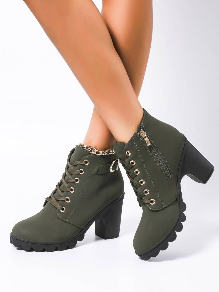 Lace-up Front Side Zip Chunky Boots | SHEIN