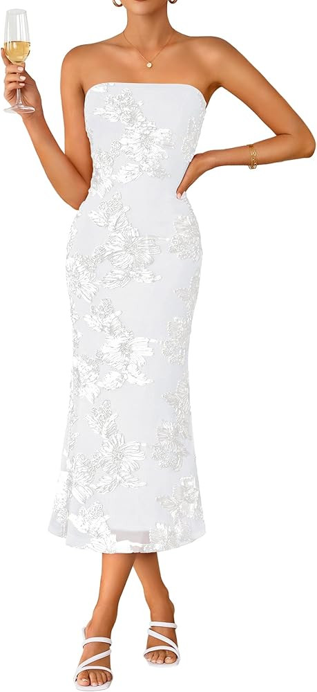 ZESICA Women's Summer Strapless Floral Midi Dress 2026 Bodycon Mesh Tube Wedding Guest Cocktail P... | Amazon (US)