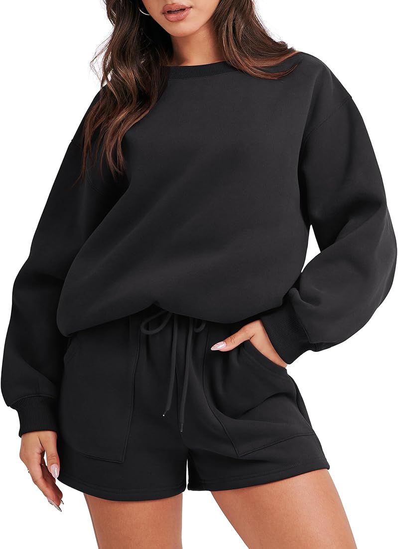 ANRABESS Women 2 Piece Outfits Sweatsuit Oversized Sweatshirt & Lounge Shorts 2023 Casual Cozy Pa... | Amazon (US)