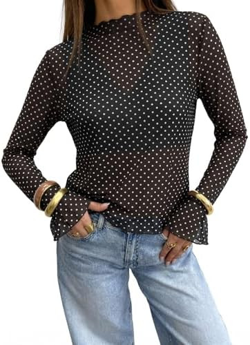 Tankaneo Women's Sheer Mesh Polka Dot Tops Long Bell Sleeve Casual T Shirts | Mock Neck,Lightweig... | Amazon (US)