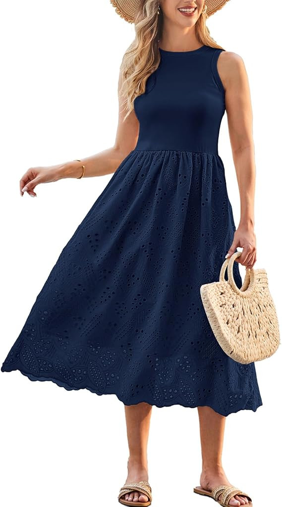 GRACE KARIN Women's Summer Sleeveless Tank Dress A Line Midi Dress Eyelet Crewneck Casual Holiday... | Amazon (US)