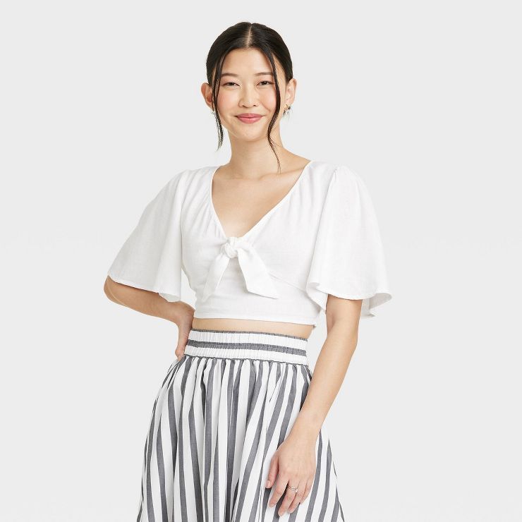 Women's Flutter Short Sleeve Tie-Front Shirt - A New Day™ | Target