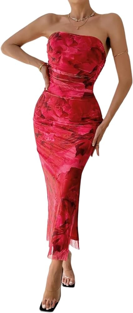 Women's Summer Dress Printed Strapless Tube Top Dress Bodycon Maxi Dress Side Slit Mesh Layered | Amazon (US)