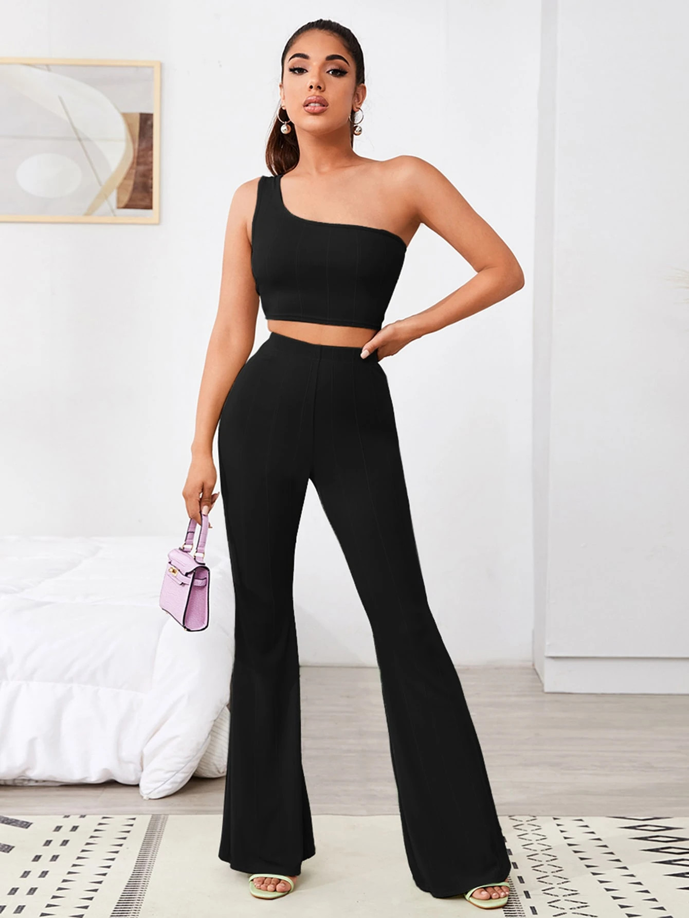 SHEIN One Shoulder Slim Crop Top & Flare Pants Set | SHEIN