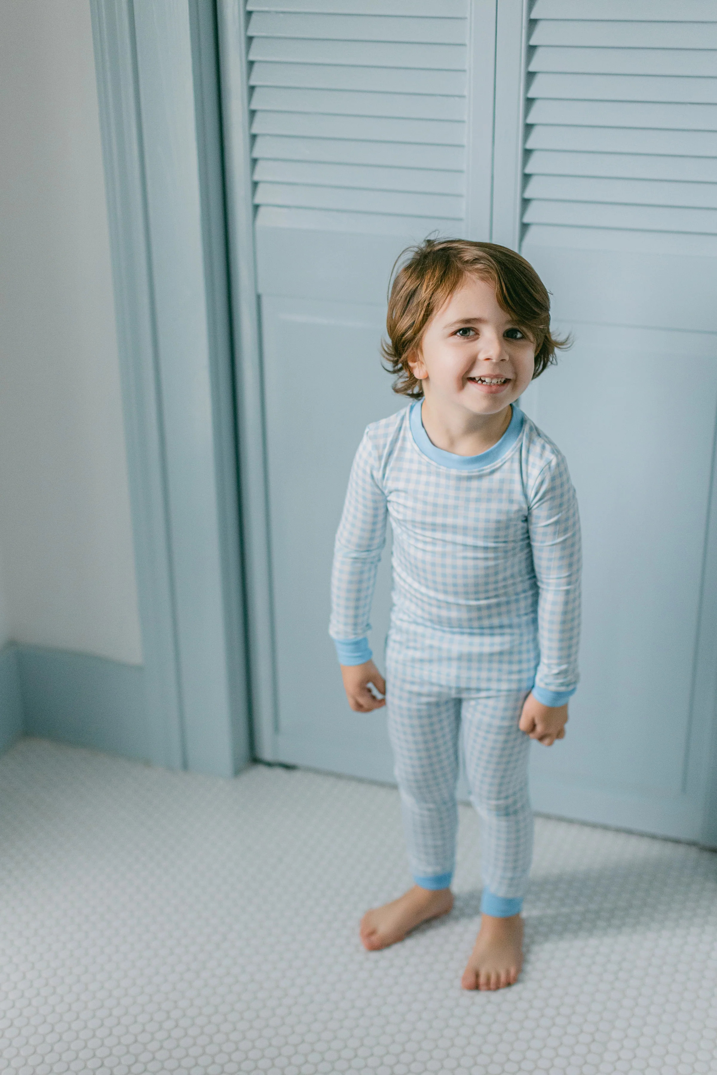 Light Blue Gingham Premium PJ Set | Poppy Kids Co