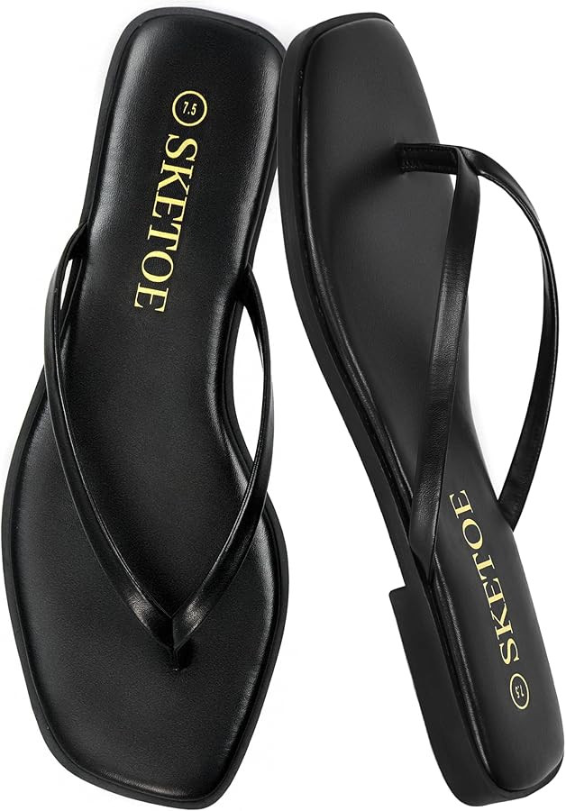 SKETOE Flip Flops for Women Square Toe Flat Sandals for Women Comfortable Thong Sandals Vegan Lea... | Amazon (US)